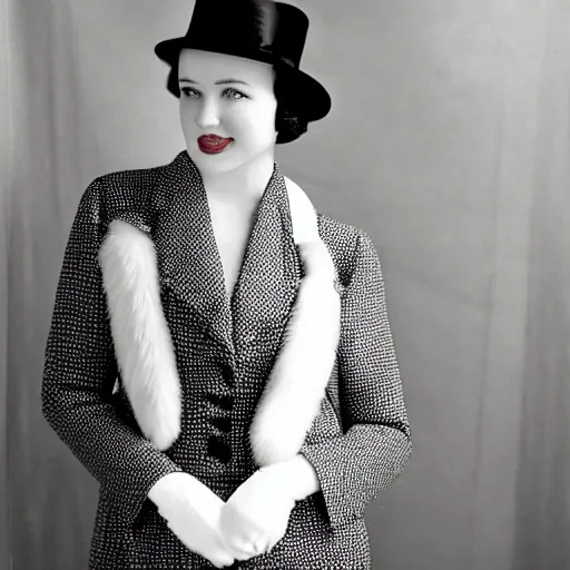 Prompt: an attractive woman is seen posing in a vintage 1 9 3 0 s portrait in front of a geometric art deco backdrop in a photographer's studio. she is wearing a woman's suit along with a white fur stole and a checkered scarf. she also has a matching handbag, gloves, shoes, and a wide - brimmed white hat on.