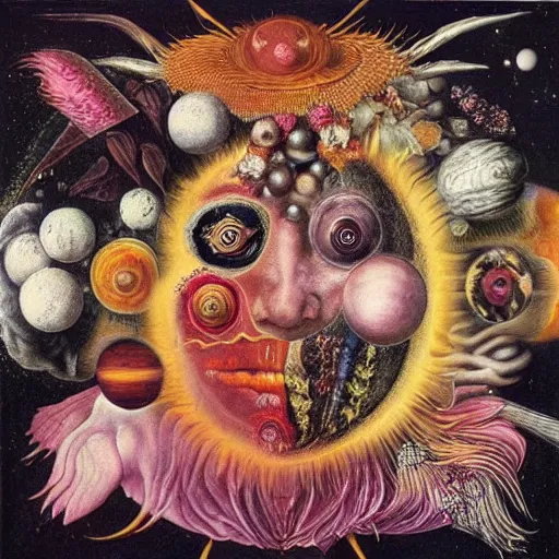 Prompt: album cover, space, magic, new age, black, white, pink, psychedelic, giuseppe arcimboldo