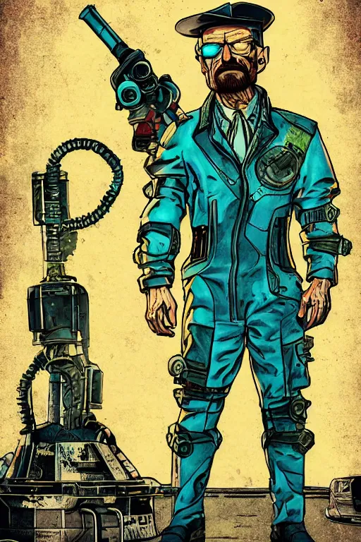 Prompt: fallout 4 retro futurist illustration art of walter white, highly detailed,