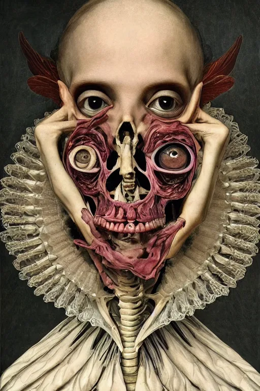 Image similar to Detailed maximalist portrait with large lips and with large, wide eyes, sad expression, extra bones, flesh, HD mixed media, 3D collage, highly detailed and intricate, surreal, illustration in the style of Caravaggio, dark art, baroque