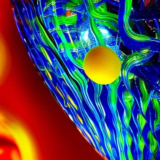 Prompt: medium shot portrait of a plasma energy tron murano candy glass egg designed by david chihuly. made up of glowing swirling electric pixels. tron world background. photo still by annie liebowitz
