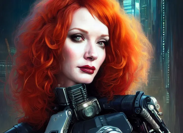 Image similar to portrait shot of a christina hendricks wearing cyberpunk clothing in cyberpunk 2 0 7 7, intricate, elegant, highly detailed, centered, digital painting, artstation, concept art, smooth, sharp focus, illustration, artgerm, tomasz alen kopera, peter mohrbacher, donato giancola, joseph christian leyendecker, wlop, boris vallejo