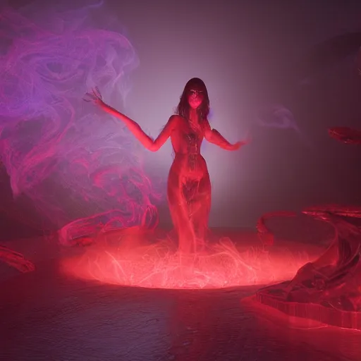 Image similar to an ancient sorceress emerging from a deep red glowing swirling pool glowing with whisps of smoke , octane render, UHD