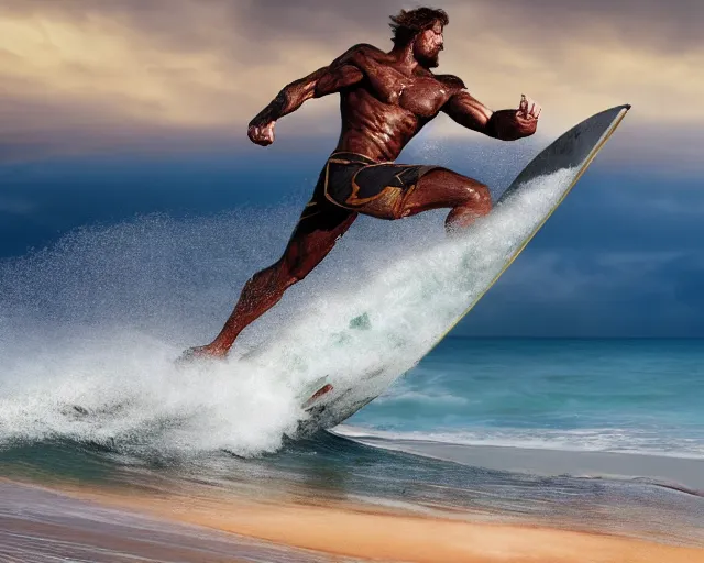 Image similar to single spartan with surfing on australian beach, epic award winning action cinematic still from the movie 3 0 0, 8 k, global illumination, detailed face, muscles, rim highlights, hyper realistic, stunning waves, happy vibes