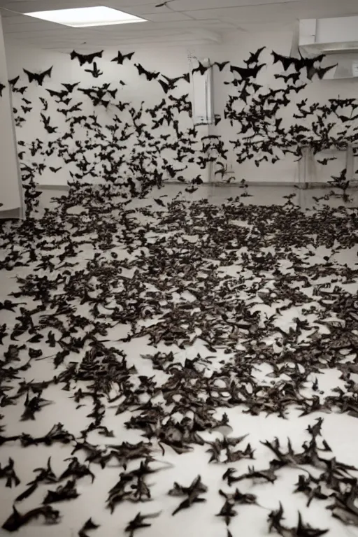 Image similar to A photo of bats flying in a hospital room, some blood on the walls and trash on the floor