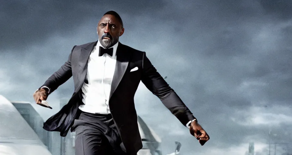 Image similar to idris elba as james bond, cinematic action scene, struggling to not fall off a building, straining, tuxedo, color corrected, promotional movie shot