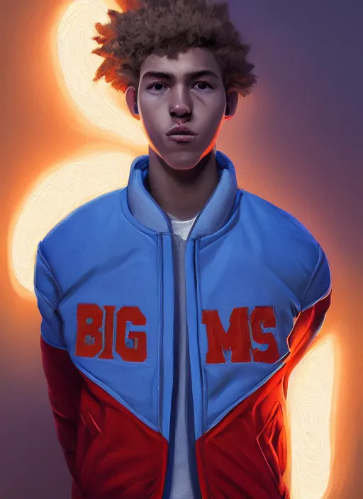 Image similar to portrait of high school senior boy named big moose, blonde short hair, jock, beefy, wide face, square jaw, square facial structure, blue varsity jacket with his name, intricate, elegant, glowing lights, highly detailed, digital painting, artstation, concept art, sharp focus, illustration, art by wlop, mars ravelo and greg rutkowski