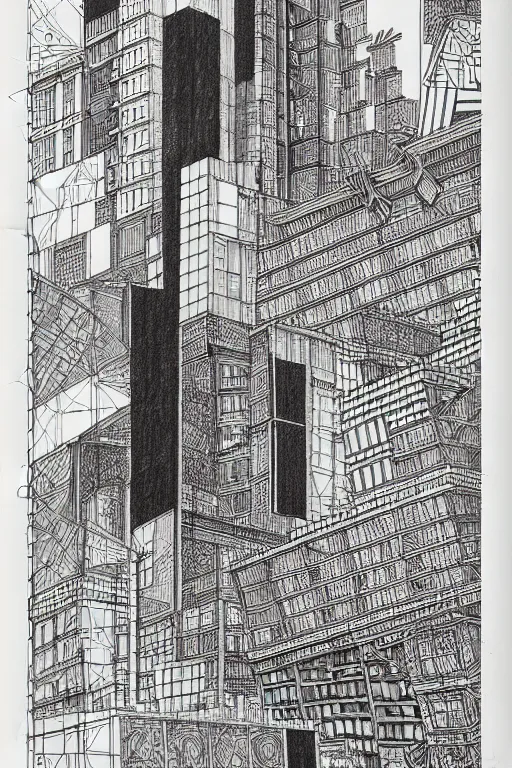 Image similar to a black and white drawing of a building, cityscape, a detailed mixed media collage by hiroki tsukuda and eduardo paolozzi and moebius, intricate linework, sketchbook psychedelic doodle comic drawing, geometric, street art, polycount, deconstructivism, matte drawing, academic art, constructivism