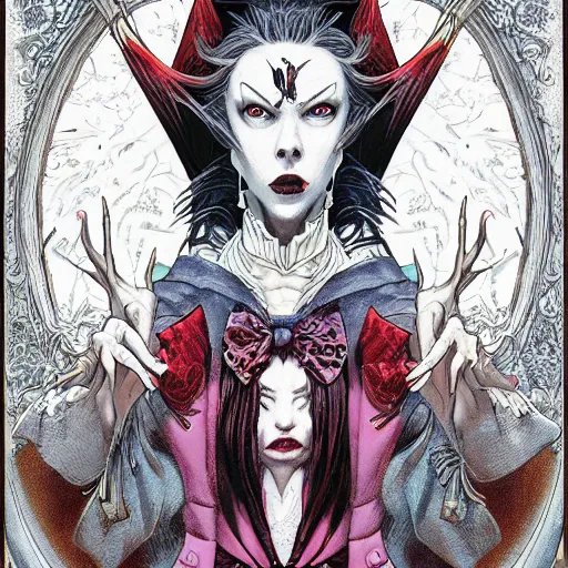 Prompt: portrait of crazy lucy from bram stoker's dracula, symmetrical, by yoichi hatakenaka, masamune shirow, josan gonzales and dan mumford, ayami kojima, takato yamamoto, barclay shaw, karol bak, yukito kishiro