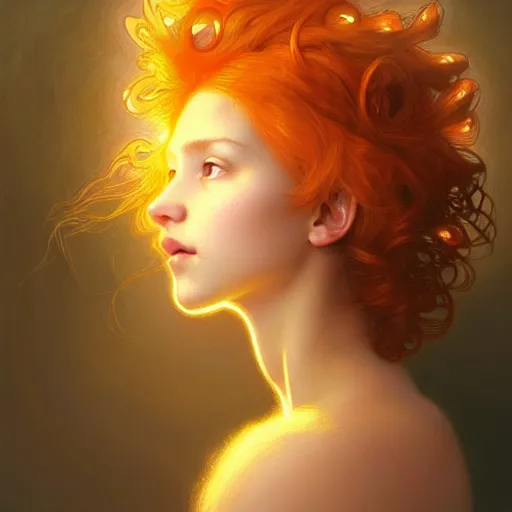 Image similar to Portrait of a girl angel with pale orange colored frizzy strands of illuminated hair, cat ears on her head, glowing halo, Lion's Mane, fantasy, intricate, elegant, highly detailed, digital painting, artstation, concept art, smooth, sharp focus, illustration, art by Krenz Cushart and Artem Demura and alphonse mucha