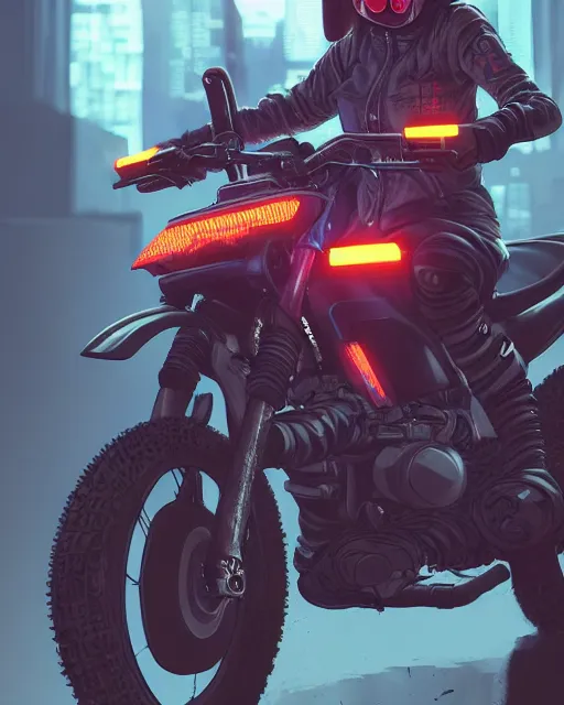 Image similar to koyto animation girl wearing cyberpunk intricate streetwear riding dirt bike, respirator, detailed portrait, cell shaded, 4 k, concept art, by wlop, ilya kuvshinov, artgerm, krenz cushart, greg rutkowski, pixiv. cinematic dramatic atmosphere, sharp focus, volumetric lighting, cinematic lighting, studio quality