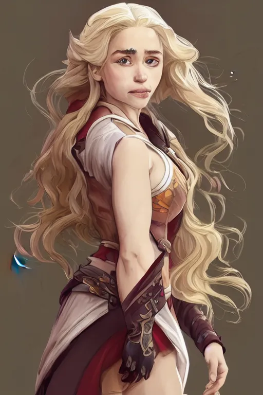 Prompt: Emilia Clarke wearing Yang Xiao Long original outfit from Rwby, cute, fantasy, intricate, elegant, highly detailed, digital painting, 4k, HDR, concept art, smooth, sharp focus, illustration, art by artgerm and alphonse mucha