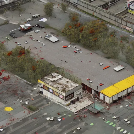 Image similar to top down aerial view of dilapidated gas - station with supermarket and shopping street in real life, desolate with zombies, dilapidated, zombies in the streets, nightmarish, some rusted style parked vehicles, sunny weather, few clouds, volumetric lighting, photorealistic, daytime, autumn, sharp focus, ultra detailed, cgsociety