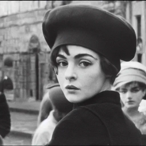 Image similar to still from a masterpiece 1 9 6 0 s french art film, very beautiful and elegant girl in beret with large eyebrows sits in the far background with an angry expression, moody lighting, viewed from afar, cinematic shot, the camera is focused on a crowd of people