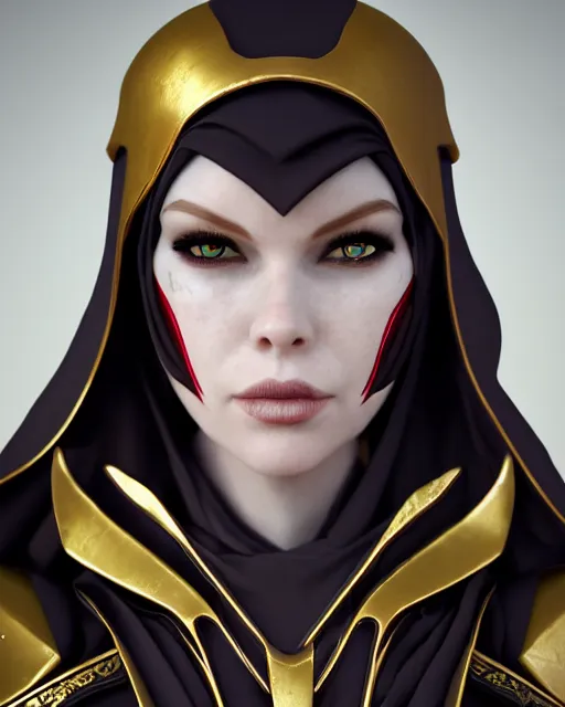 Prompt: red - haired final fantasy white marble egyptian nun, warframe armor, regal, attractive, ornate, sultry, sexy, beautiful, elize theron, pretty face, green eyes, scifi platform, 4 k, ultra realistic, epic lighting, illuminated, cinematic, black gold, art by alexandra petruk, voidstar