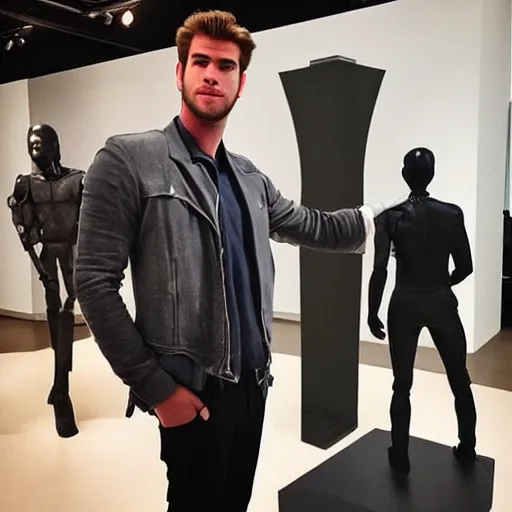 Image similar to “ a realistic detailed photo of a guy who is an attractive humanoid who is half robot and half humanoid, who is a male android, actor liam hemsworth, shiny skin, posing like a statue, blank stare, at the museum, on display ”