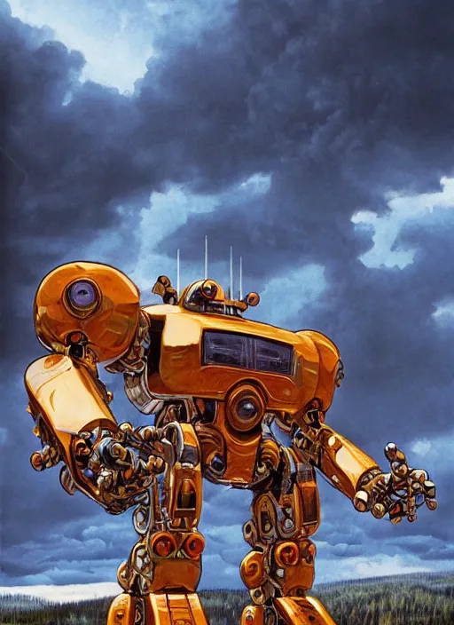 Image similar to realistic physically based rendering of a giant mechanical robot at yellowstone national park by jack kirby and simon bisley, epic, awesome trendy color palette, cinematic