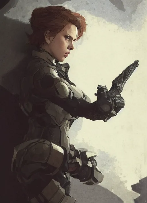 Image similar to scarlett johansson wearing metal gear armor art by Hokusai by greg rutkowski by wlop high detail comic sharp vector lineart dramtic lighting artstation by trevor henderson cinematic dramatic