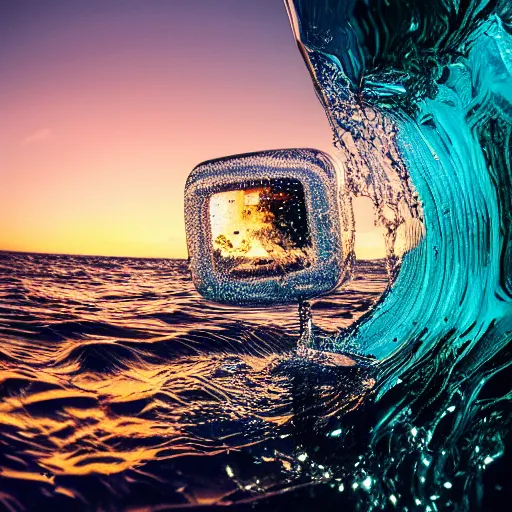 Image similar to 4 k sony a 7 wide angle photo stainless steel shiny reflective boombox speaker half submerged in water with a wave rolling over it in hawaii at dusk with neon lighting