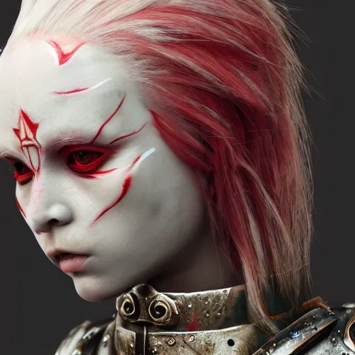 Prompt: albino girl in a ornated armor pagan facepaint, detailed, jewelry, sakura, photograph, award wining, red and white, trending on artstation, punk attitude, 4 k, unreal engine 5, octane render, neon highlights