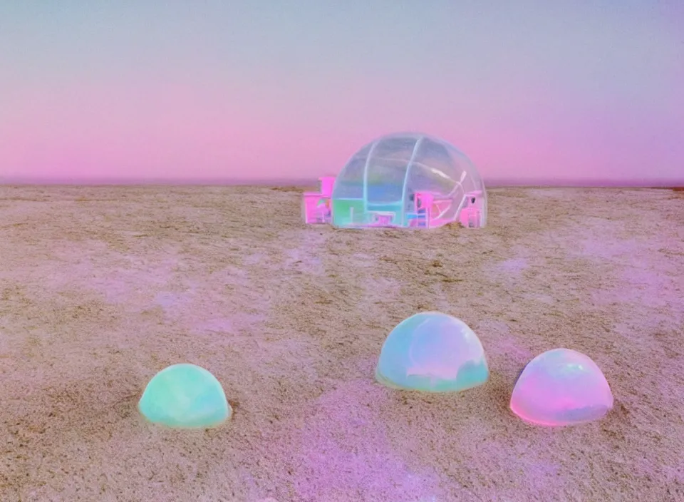 Image similar to a pastel coloured vintage family holiday photo of an empty beach from an alien dreamstate world with chalky pink iridescent!! sand, reflective lavender ocean water, dim bioluminescent plant life and an igloo shaped shiny plastic transparent festival stage and translucent festival box speakers!!. glare. refraction, volumetric light.