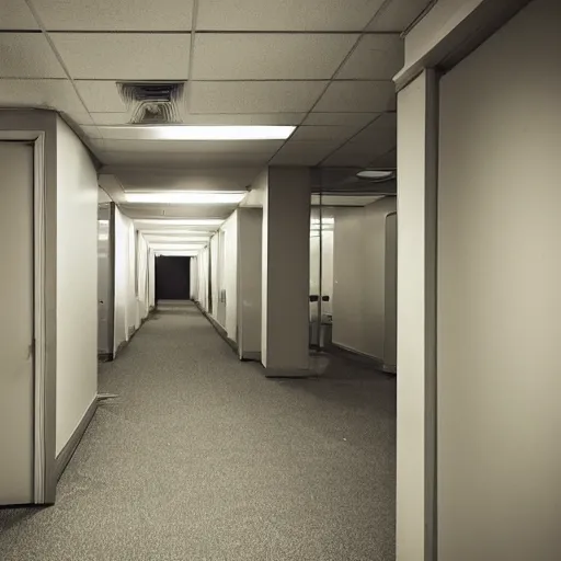 Prompt: the backrooms : an endless maze of randomly generated office rooms and other environments. it is characterized by the smell of moist carpet, walls with a monochromatic tone of dirty off - white, 1 9 8 0's style carpeted walls and buzzing fluorescent lights % 5 0 working, general sense of run down and abandonment