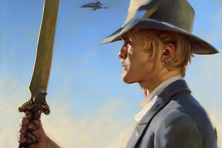 Image similar to greg manchess portrait painting of a blond man in a blue suit with a sword and a pistol, asymmetrical, profile picture, organic painting, sunny day, matte painting, bold shapes, hard edges, street art, trending on artstation, by huang guangjian, gil elvgren, ruan jia, randy vargas, greg rutkowski