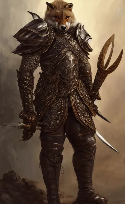 Prompt: male stocky werefox warrior in leather armour, holding a scimitars, feywild, d & d, fantasy, intricate and very beautiful and highly detailed, elegant, digital painting, artstation, concept art, matte, smooth and sharp focus, illustration, art by tian zi and wlop and alsphonse mucha and artgerm and greg rutkowski