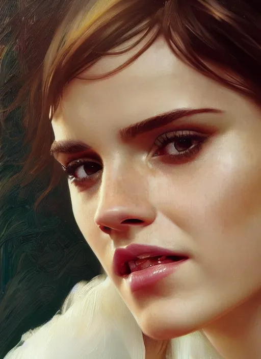 Image similar to oil painting of emma watson giving biting her lip seductive look. beautiful detailed face. by artgerm and greg rutkowski and alphonse mucha