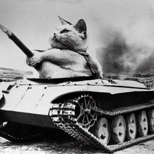 Prompt: old photograph of fat cat driving a world war 2 tank