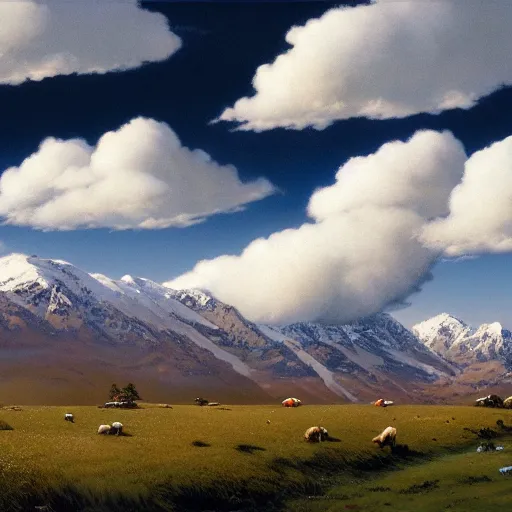 Prompt: clean grassland, snow - capped mountains in the distance, clouds in the sky, peter elson