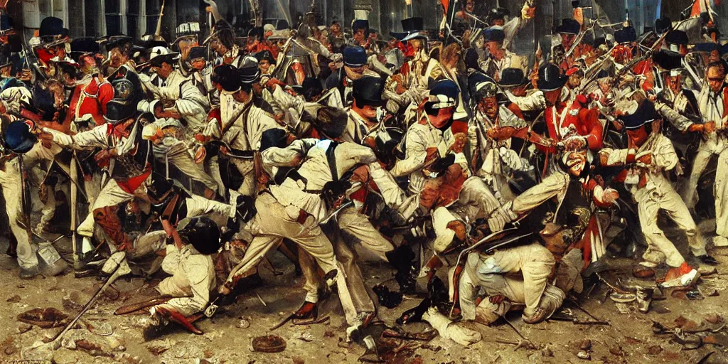 Image similar to detailed painting of the battle of new orleans with dancing soldiers by norman rockwell