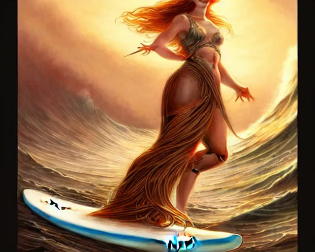 Image similar to beautiful ethereal ginger surfer is surfing a sea of pasta, art nouveau, fantasy, intricate pasta waves, elegant surfboard, highly detailed, sharp focus, action art by artgerm and greg rutkowski and wlop