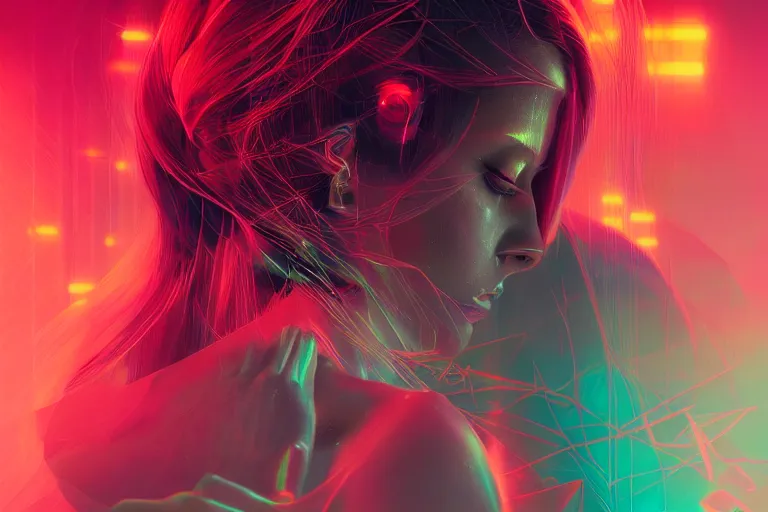 Image similar to photo of surreal goddes of war in neon lighting, elegant, highly detailed, smooth, sharp focus, trippy, dmt, psychedelic, illustration, beautiful, geometric, trending on artstation, cinematic, artwork by WLOP