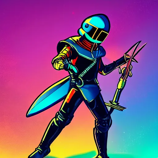 Image similar to shovel knight as daft punk, Aaron Campbell behance, synthwave background,4k, colorful, digital art