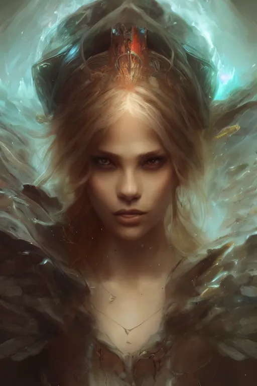 Image similar to closeup beautiful girl necromancer casting magic spell, angel, 3 d render, hyper realistic detailed portrait, magic storm, thunderstorm in eyes, ruan jia, wlop. scifi, fantasy, magic the gathering, hyper detailed, octane render, concept art, peter mohrbacher