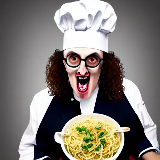 Image similar to a crazed weird al wearing a chef's hat and uniform with half of his lower body inside a bowl of alfredo, realistic, hyperrealistic, ultra realistic, real, real world, highly detailed, very detailed, extremely detailed, intricate details, 8 k resolution, hd quality