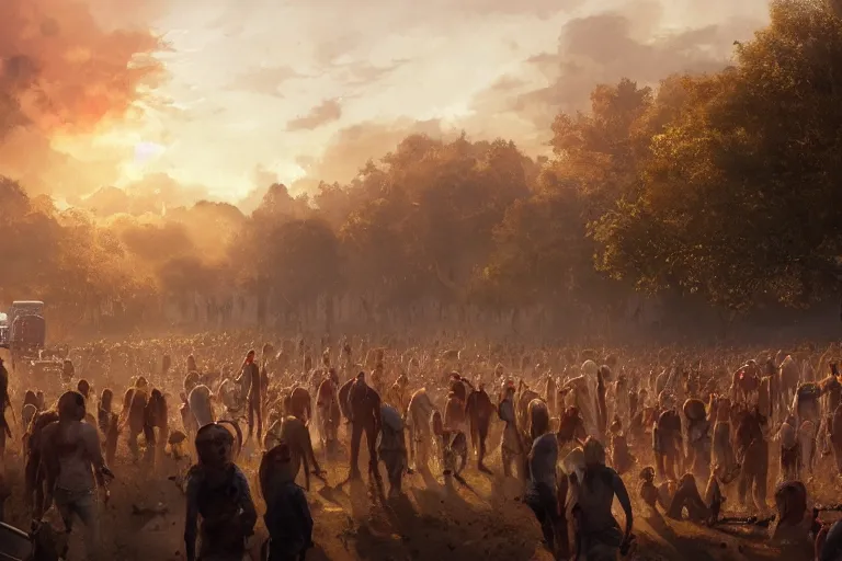 Prompt: a crowd zombies having a tailgate party, matte painting, long shot, concept art, wide shot, digital art, trending on artstation, 4 k, extremely detailed, realistic, midday, warm colors, golden sunlight, by greg rutkowski, cinematic, epic