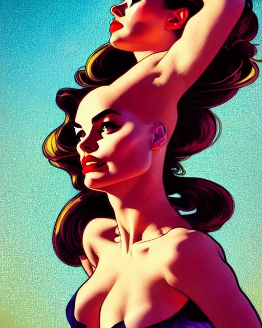 Prompt: low angle closeup beautiful very seductive margot robbie retro scifi goddess pinup, action glamour pose, windblown dark hair, hyper detailed, digital art, studio lighting, smooth, ambient lighting, sharp focus, frank miller, wlop, anna dittmann, moebius!, alphonse mucha, patrick nagle!!, rim lighting, synthwave