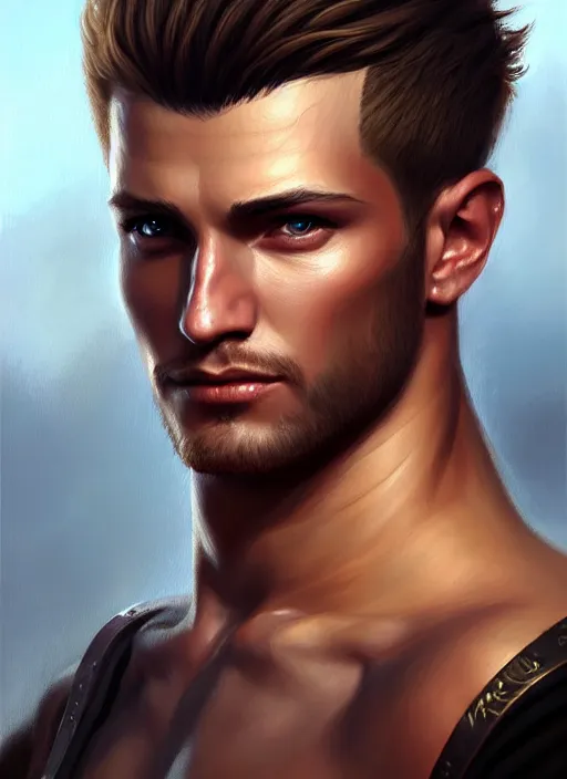 Prompt: a _ fantasy _ style _ portrait _ painting _ of fighter male, medium dark blonde pulled back side part and blonde stubble, rpg dnd oil _ painting _ unreal _ 5 _ daz. _ rpg _ portrait _ extremely _ detailed _ artgerm _ greg _ rutkowski _ greg