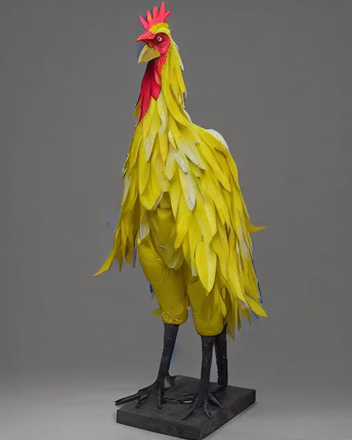 Image similar to maquette sculpture of a 7 foot tall giant chicken like prehistoric bird with iridescent feathers and wearing a yellow raincoat and gas mask. hyperreal