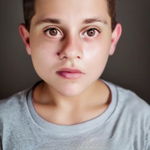 Image similar to closeup portrait of 9 year old boy, thick lips, pink face, thin eyebrows, short light brown hair