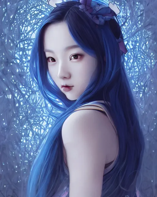 Prompt: symmetrical portrait of a pretty korean girl with blue hair dressed as alice in wonderland, beautiful sparkling blue eyes, dark forest background, moonlight, digital painting, 8 k, concept art, art by wlop, artgerm, greg rutkowski and alphonse mucha