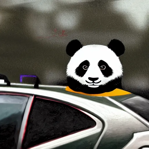 Prompt: a panda in a taxi driving with its head sticking out of the window, ultra detailed, coherent, digital art, trending on artstation, ch