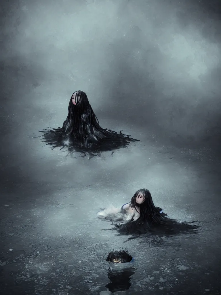 Image similar to cute fumo plush of a cursed frail witch girl sinking into an inky black reflective pond of blackness swirling with strange energetic fluid, volumetric smoke and fog, environment map reflective water, goth, vignette, vray