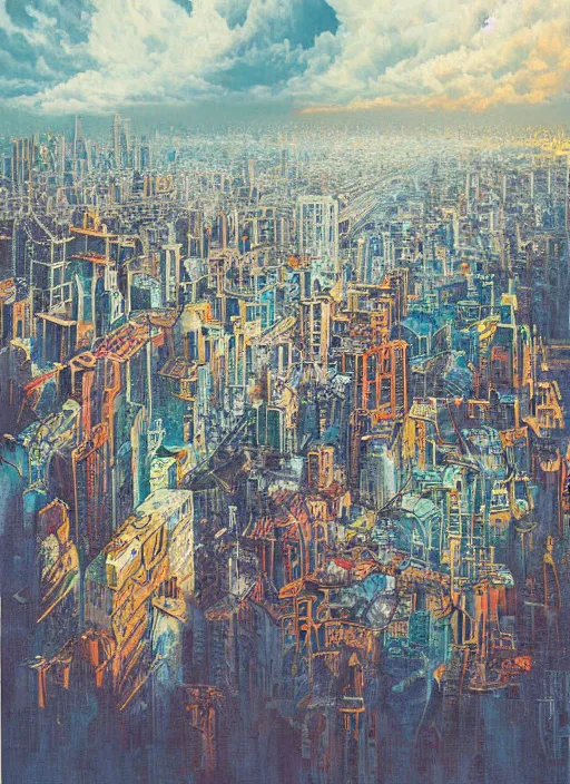 Image similar to a beautiful painting by oliver vernon of a glitched city behind clouds, realistic colors