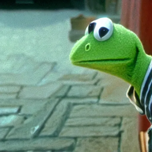 Prompt: a still of kermit the frog in spirited away,