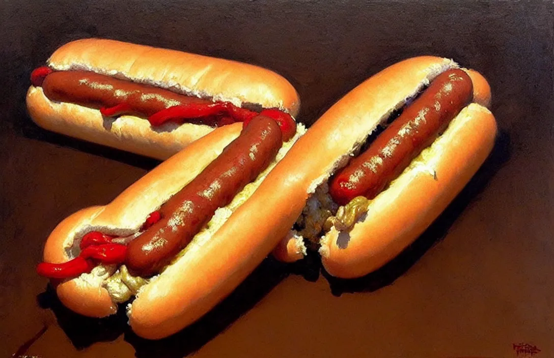 Prompt: portrait of a hot dog!!!!!!!!!!!!!!!!!!!!!!!!!!!, detailed face, detailed painting,, epic lighting, by ilya repin, phil hale and kent williams