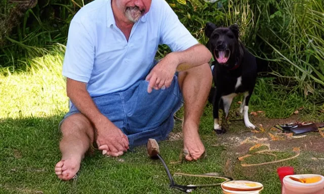 Image similar to My dad Steve just took a hit from the bongo and have good time being gracefully relaxed in the garden, sunset lighting. My second name is Carell. My dad second name is Carell. Im the dog and Steve Carell is my dad. Detailed face