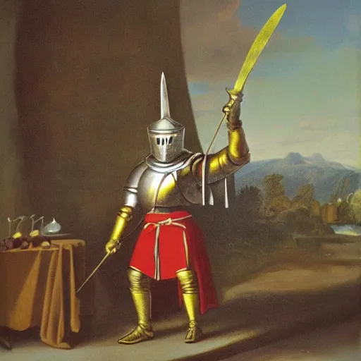 Prompt: a knight with a mighty fork in hand